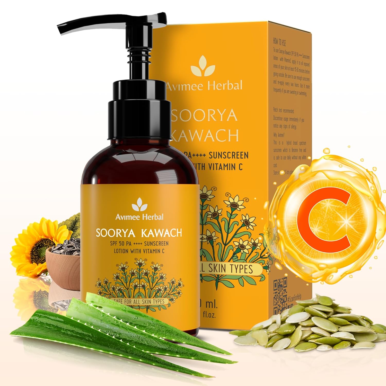 Avimee Herbal Soorya Kawach SPF 50 PA++++ Vitamin C Sunscreen Lotion - 100 ML