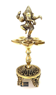 Dancing Ganesha Five Oil Wick Brass Diya Oil Lamp