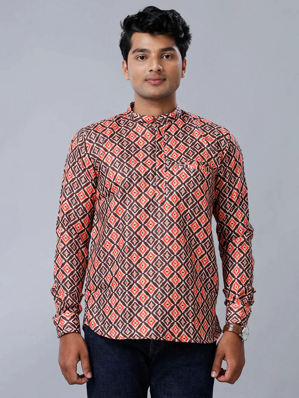 Ramraj Mens Cotton Brown & Orange Short Length Kurta RB4 - Daily Needs Products