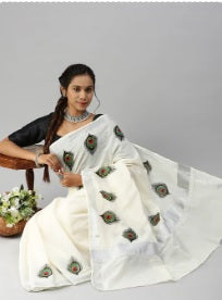 Ramraj Womens Off White Kerala Peacock Feather Design Printed Saree Silver Border - Daily Needs Products