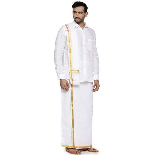 Buy Ramraj Readymade Dhoti + Shirt Bit + Towel Set White with Gold Jari Utsava online Australia [ AU ] 
