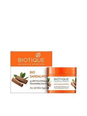 Buy Biotique Bio Sandalwood 50+ SPF UVA/UVB Sunscreen Ultra Soothing Face Cream online usa [ USA ] 